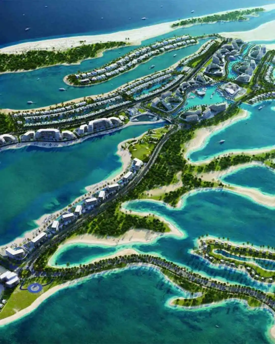 Aerial view of luxury waterfront villas and resorts, living in Sobha Siniyah Island paradise.